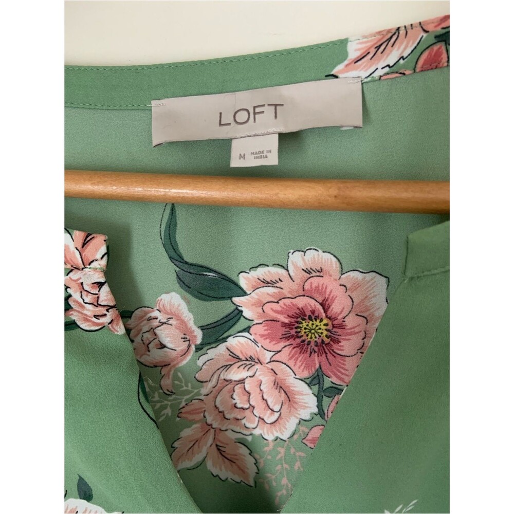 LOFT Green Floral V-Neck Peasant Long Sleeve Blouse Top Semi Sheer M Feminine - Picture 4 of 8